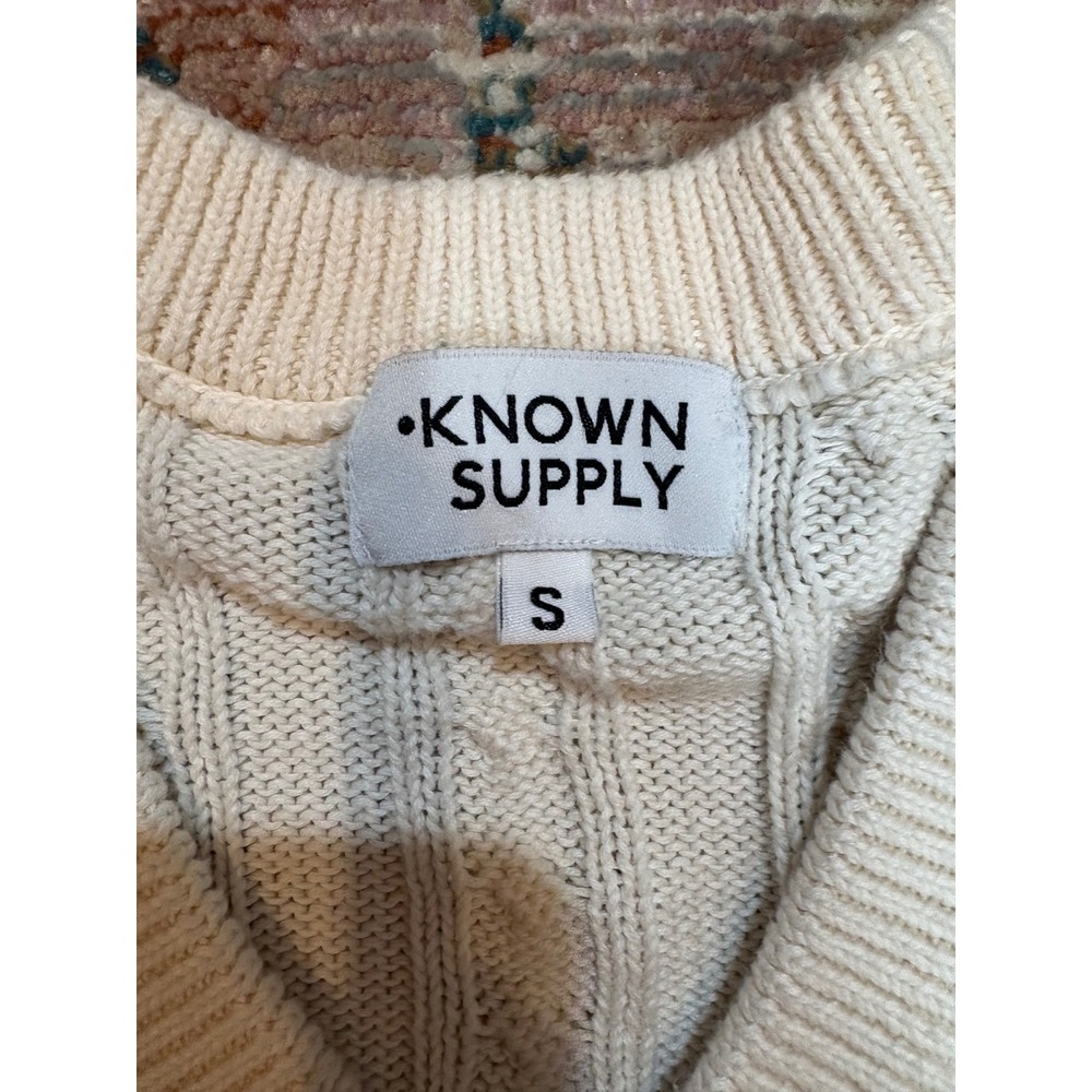 Known Supply Organic Cotton Cable Knit V-Neck Cropped Sweater Cream White S - Picture 4 of 7